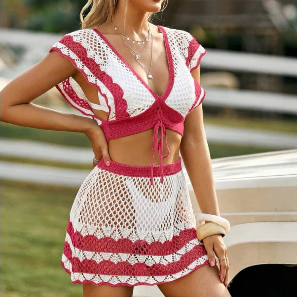 Pink and White Bikini Cover Up